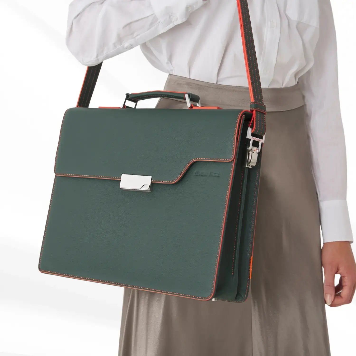 Deep Green Leather Briefcase Evan Red