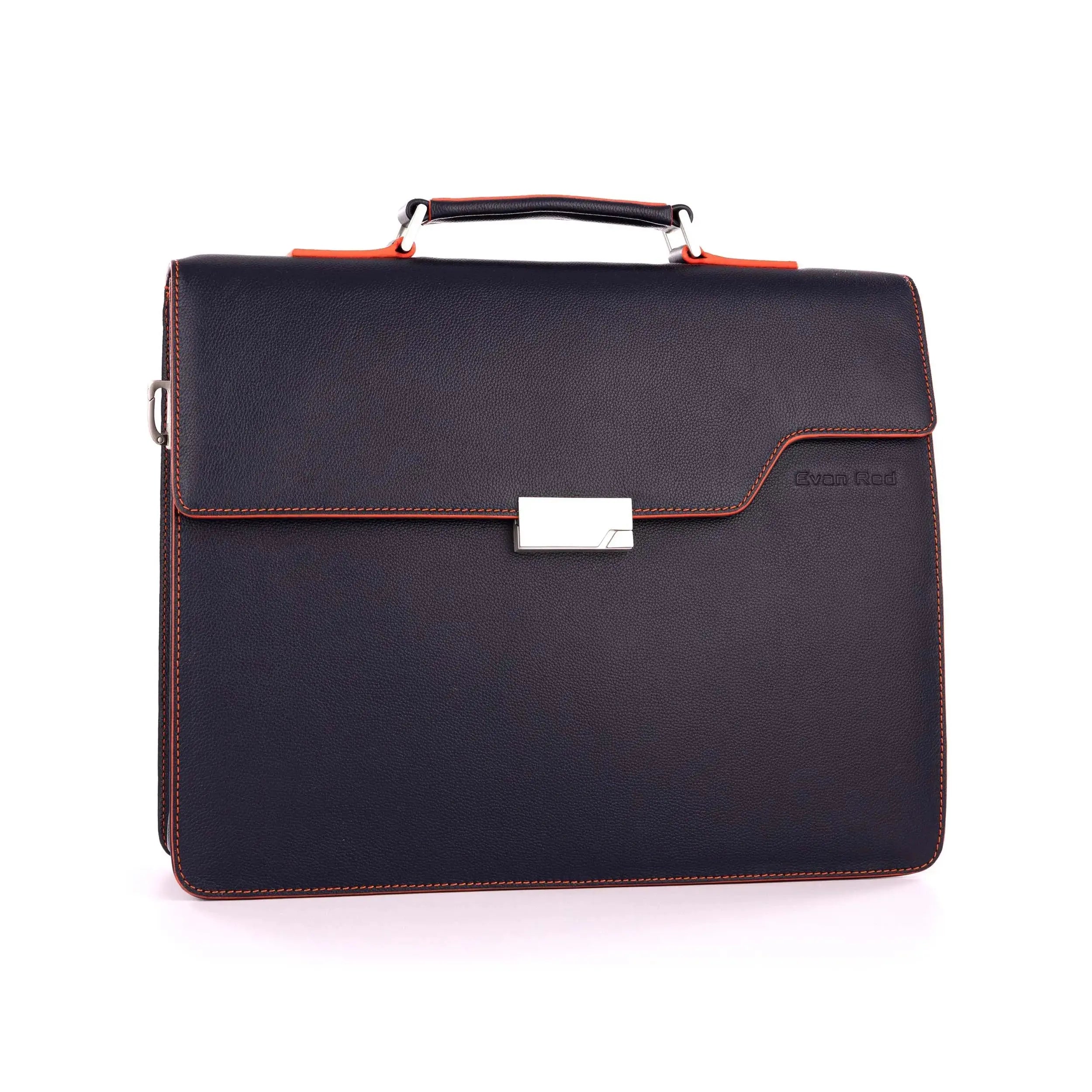 Navy Blue Leather Briefcase Evan Red